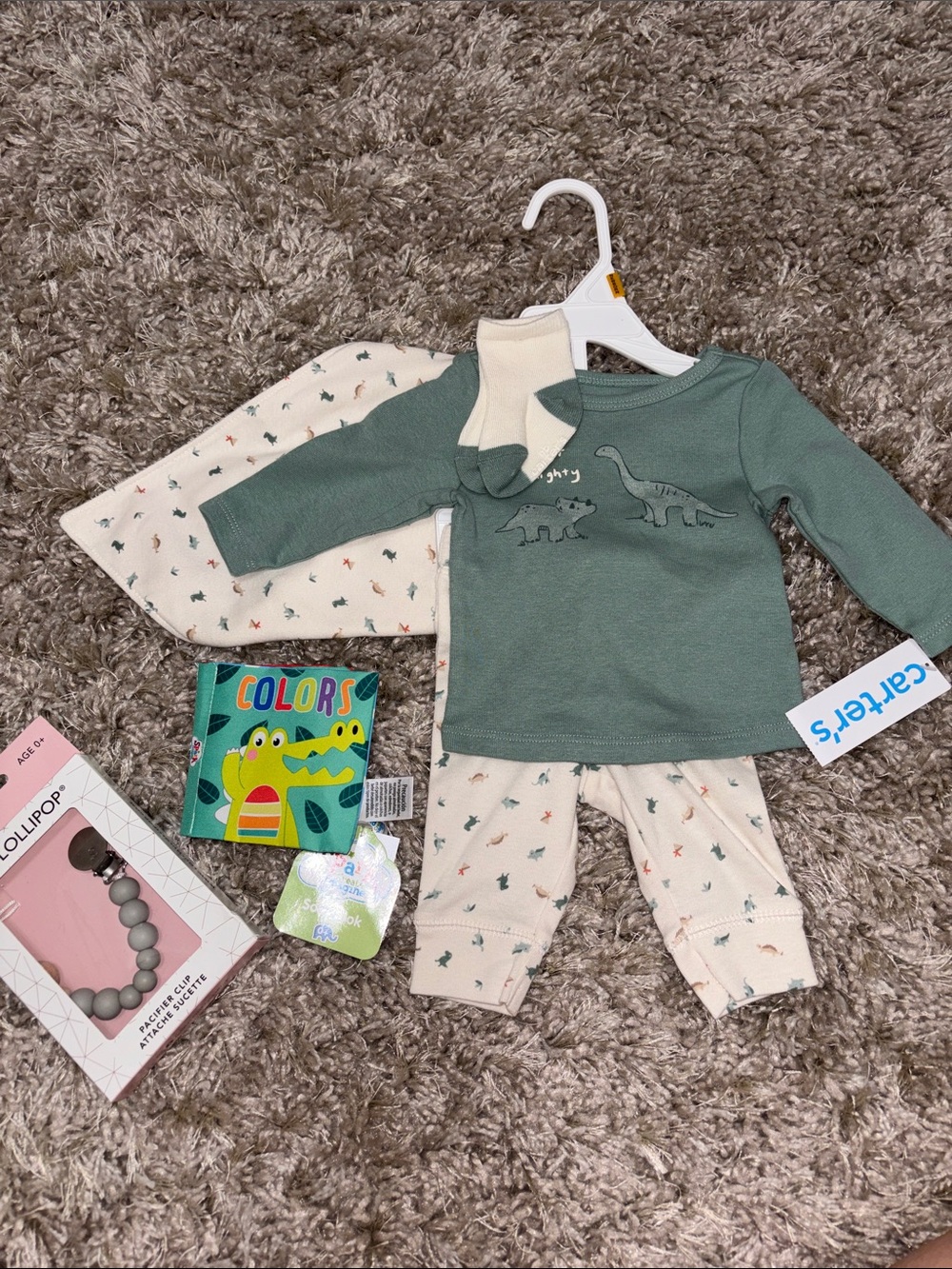 Carters Baby Dino Top and Pants Bib Socks Toy Pacifier Clip Newborn Bundle Gift